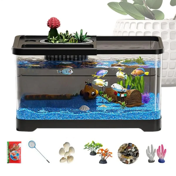 Aquarium Starter Kit LED Fish Tank Kit With Decoration Accessories.